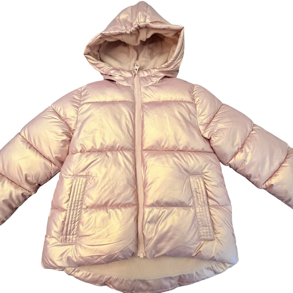 Swiss Tech Kids Metallic Pink Puffer Coat Small 6-6X Hooded Winter Quilted Thick